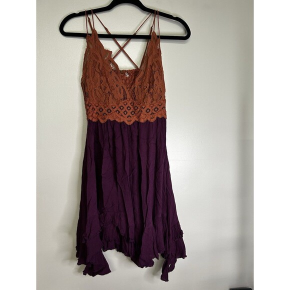 Free People Dresses & Skirts - Free People Adella slip dress rust-colored crochet lace bodice tiered plum skirt